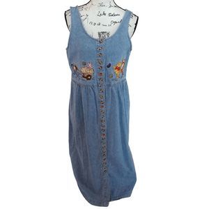 Vintage Disney Catalog Blue Winnie The Pooh Button Up Midi Denim Jumper Dress